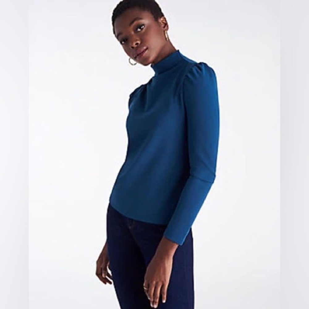 Ann Taylor Teal Mock neck long puff sleeve top Size XL New